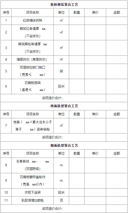 家居裝飾裝修工程（輕輔）施工項(xiàng)目報(bào)價(jià)單(供參考）